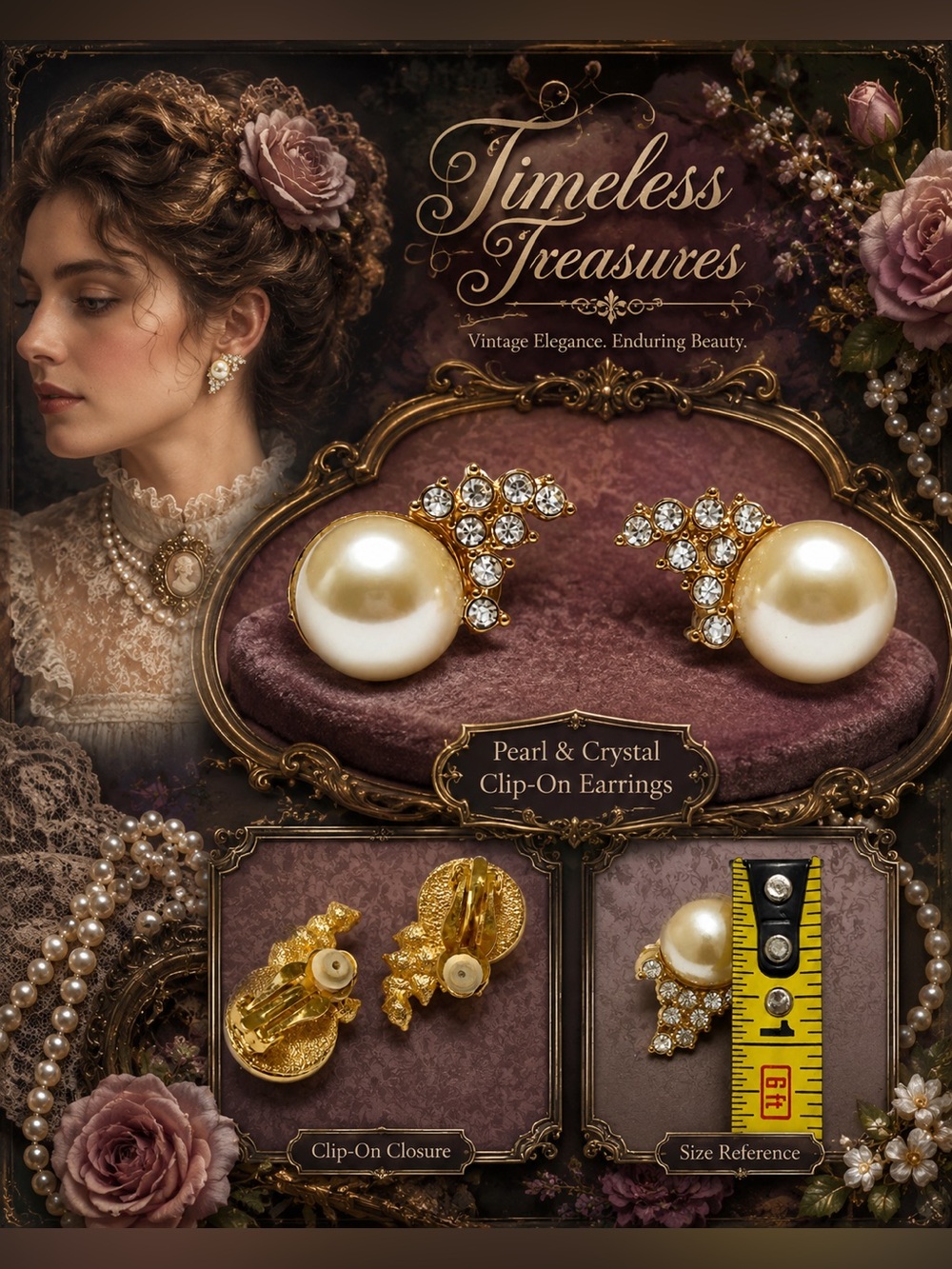 Vintage Faux Pearl & Rhinestone Gold-Tone Clip-On Earrings